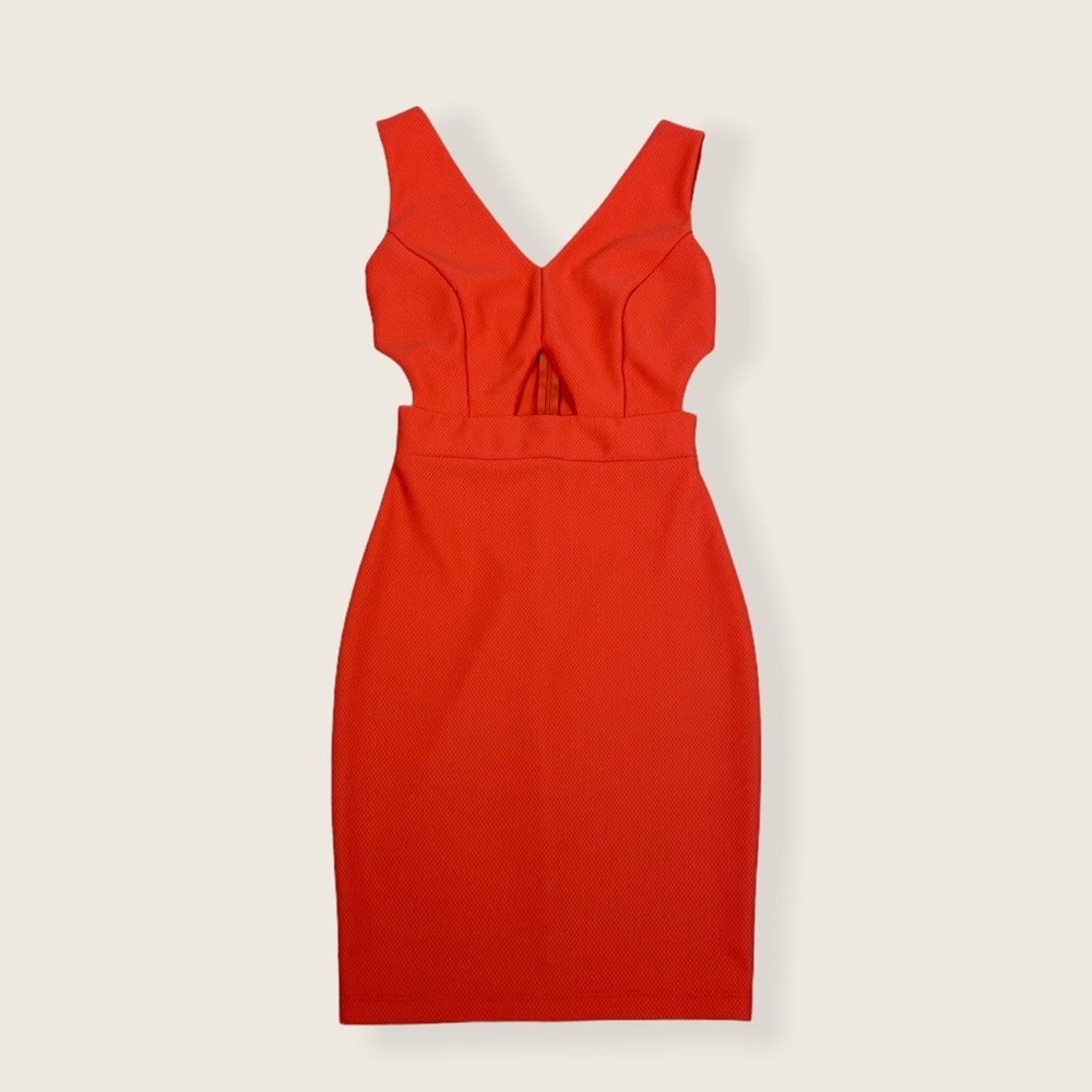 VTG Ladies’ Mystic Red-Orange Perforated Fabric V-Neck Bodycon Mini Dress XS